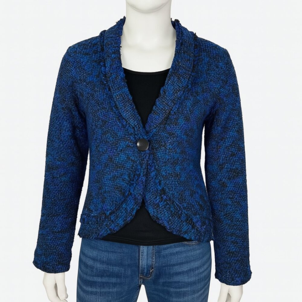 Chicos Blazer Womens Medium‎ Blue Black Tweed One Button Business Professional